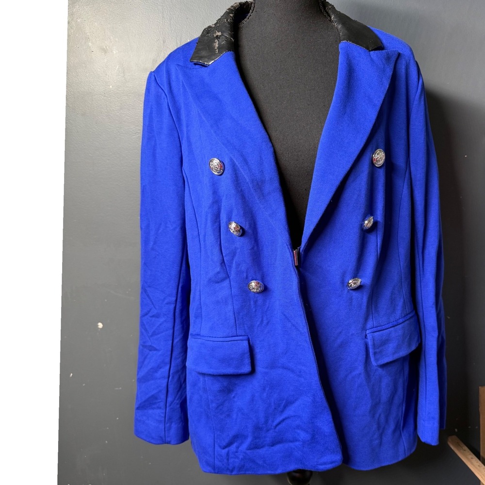 Lane Bryant Blue Bryant Blazer 18 Silver Button Faux‎ Leather Trim AS IS Repair